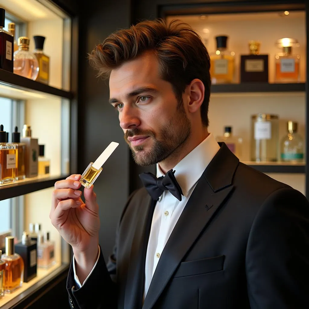 A man testing a perfume in a store