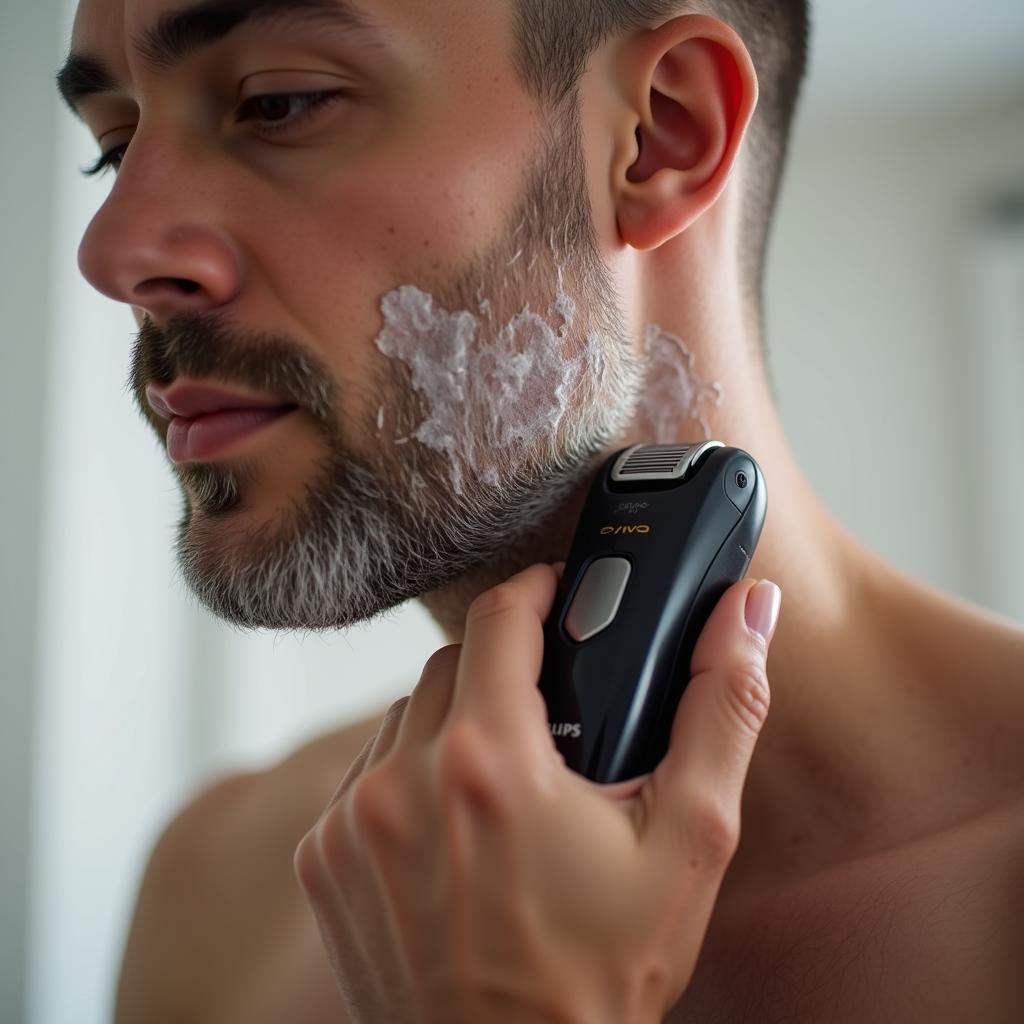 Man Using Philips Shaving Machine