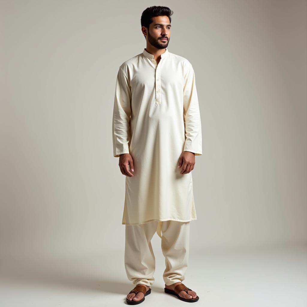 A man stylishly pairing Arabic chappals with shalwar kameez