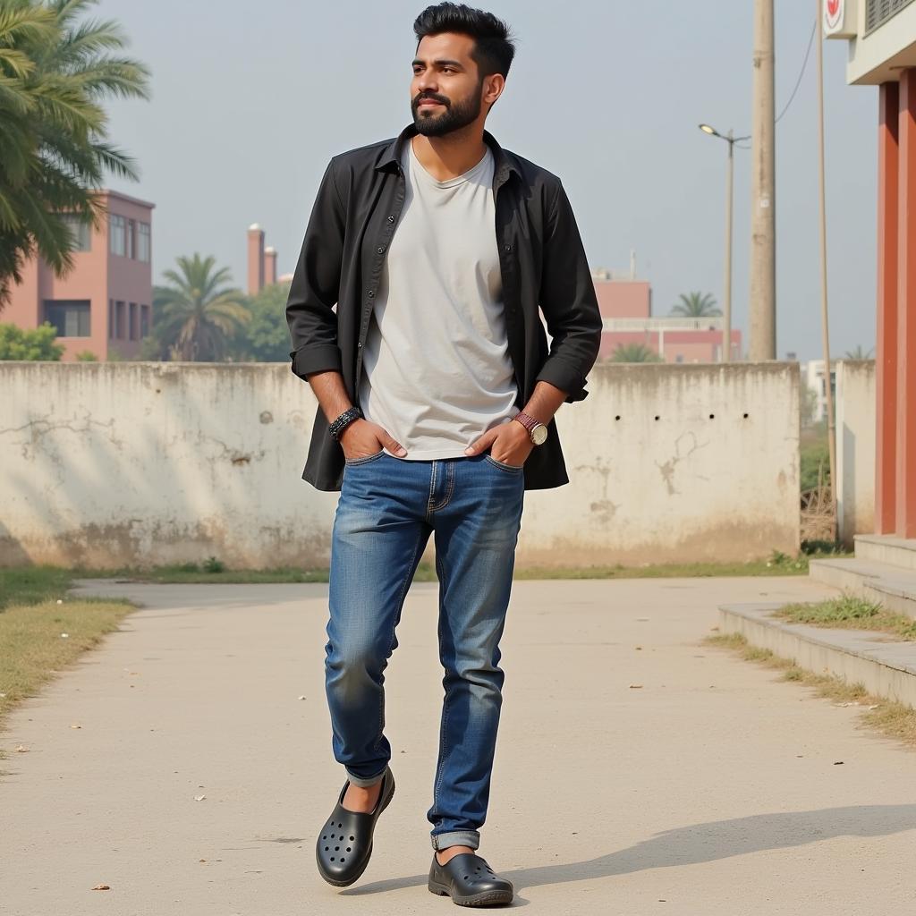 A man in Pakistan sporting a pair of Crocs casually.