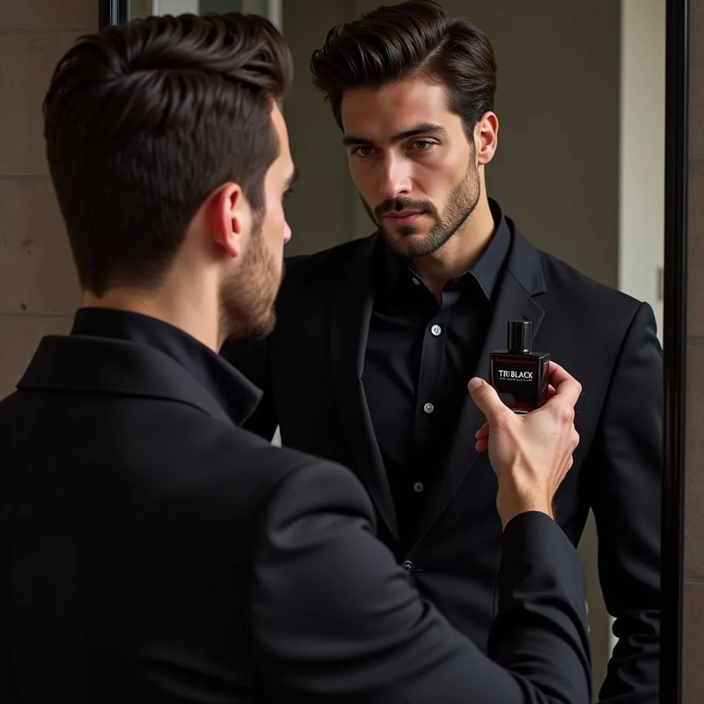 Man Applying Tri Black Perfume