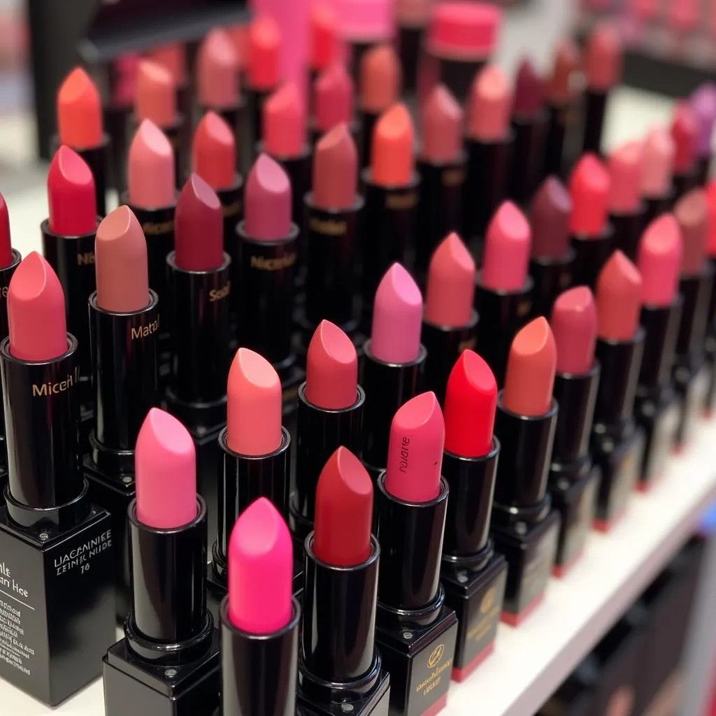 Various matte lipstick brands on display in a Pakistani store