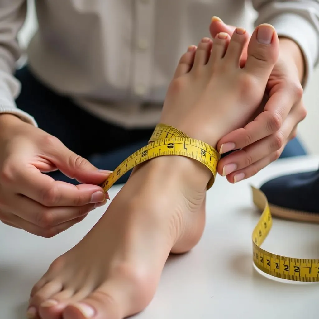 Woman carefully measuring her foot for online shoe shopping.