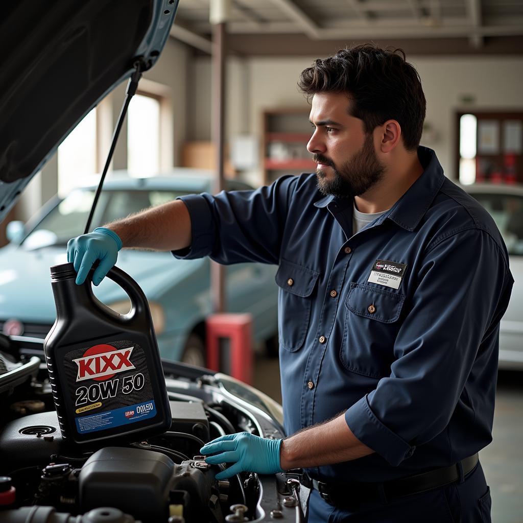 Mechanic Changing Kixx Oil in Pakistan