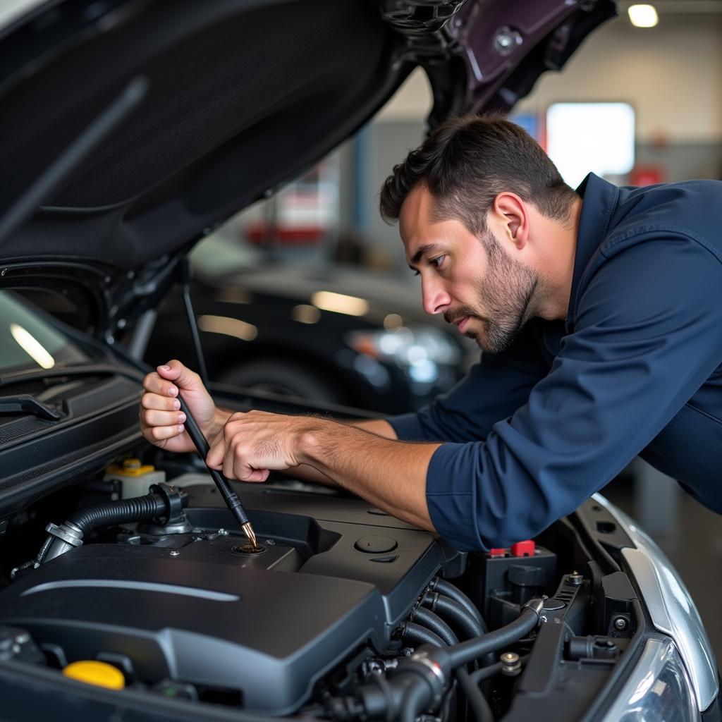 Car Mechanic Inspecting Engine Oil