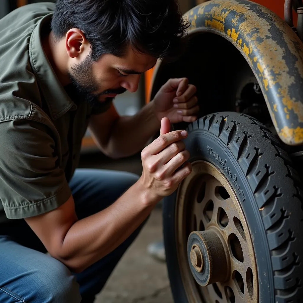 Mechanic inspecting a rickshaw tyre in Pakistan