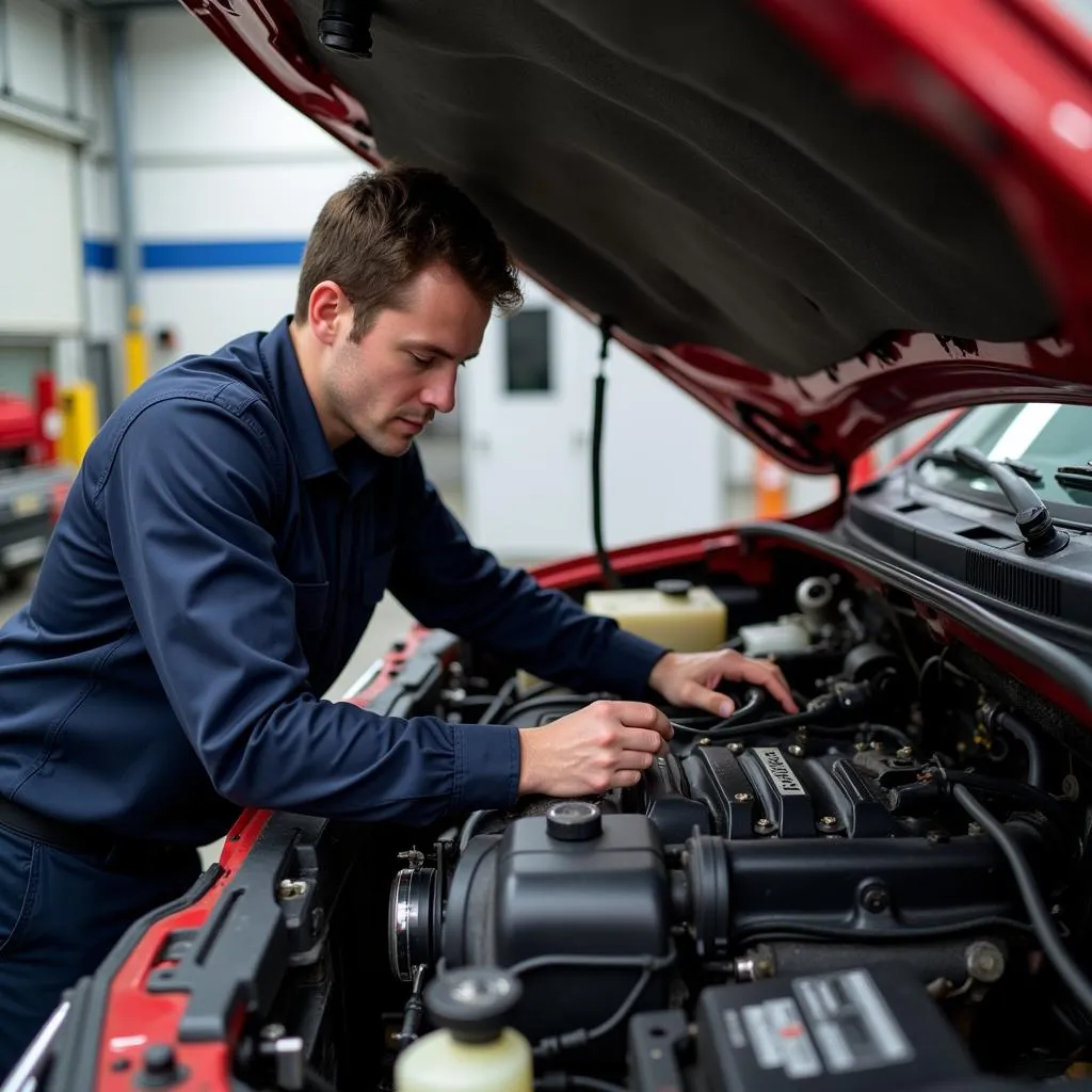 Mechanic Inspecting the Engine of a Toyota Dyna