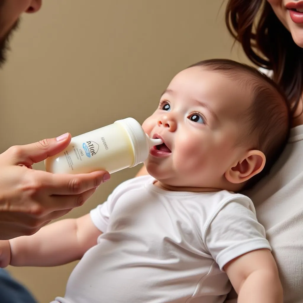 Baby drinking Meiji FMT 1 from a bottle