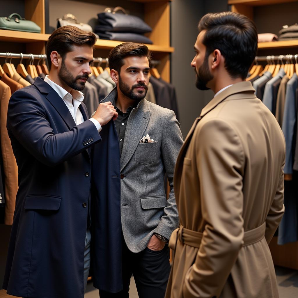 Men Trying on Coats Pakistan