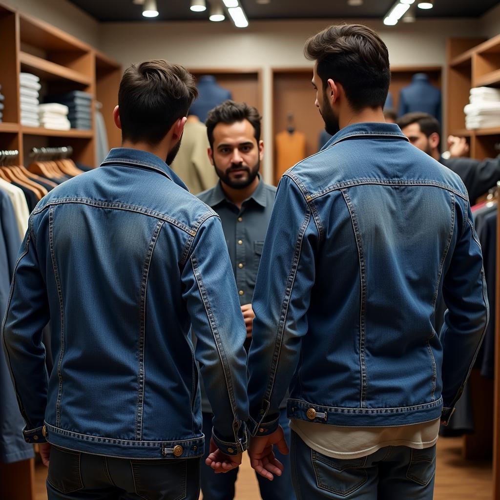 Pakistani Men Trying on Different Jeans Jackets