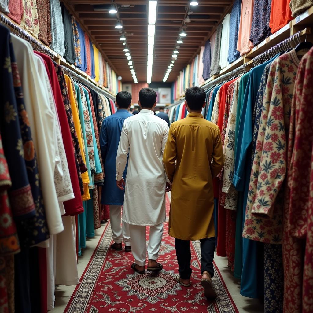 Customers browsing through a selection of kurtas in a Pakistani clothing store.