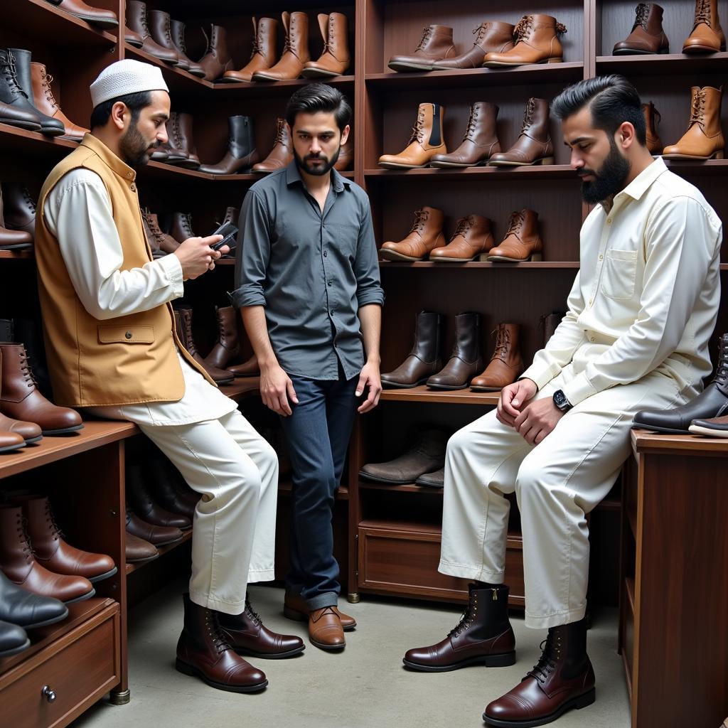 Men Trying on Leather Boots in Pakistan