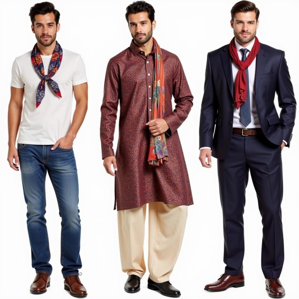 Men styling neck scarves for various events