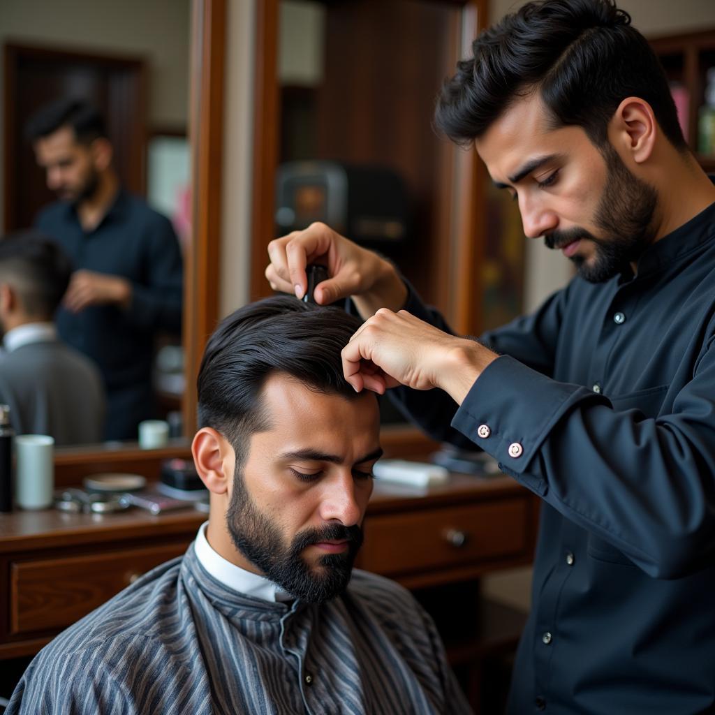 Barber giving a haircut to a man in Islamabad