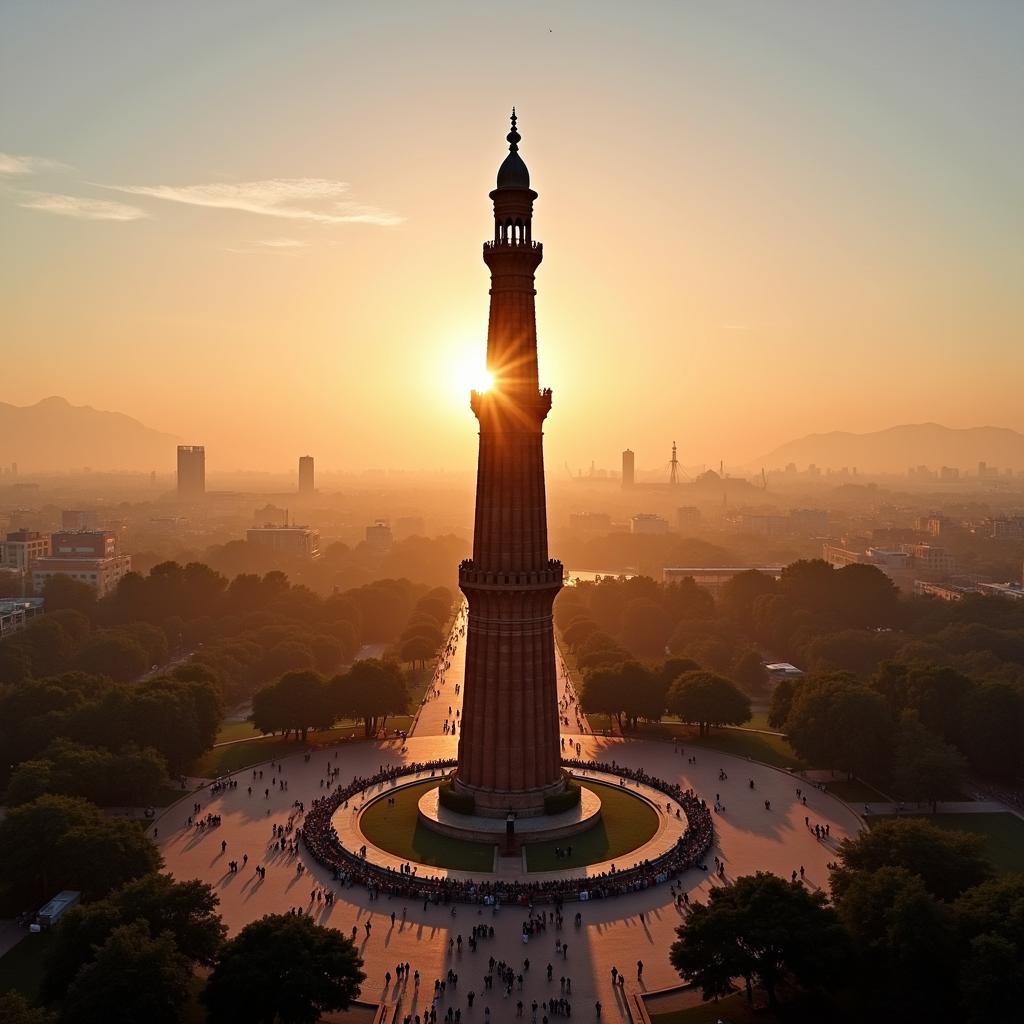 Minar e Pakistan aerial view at sunset