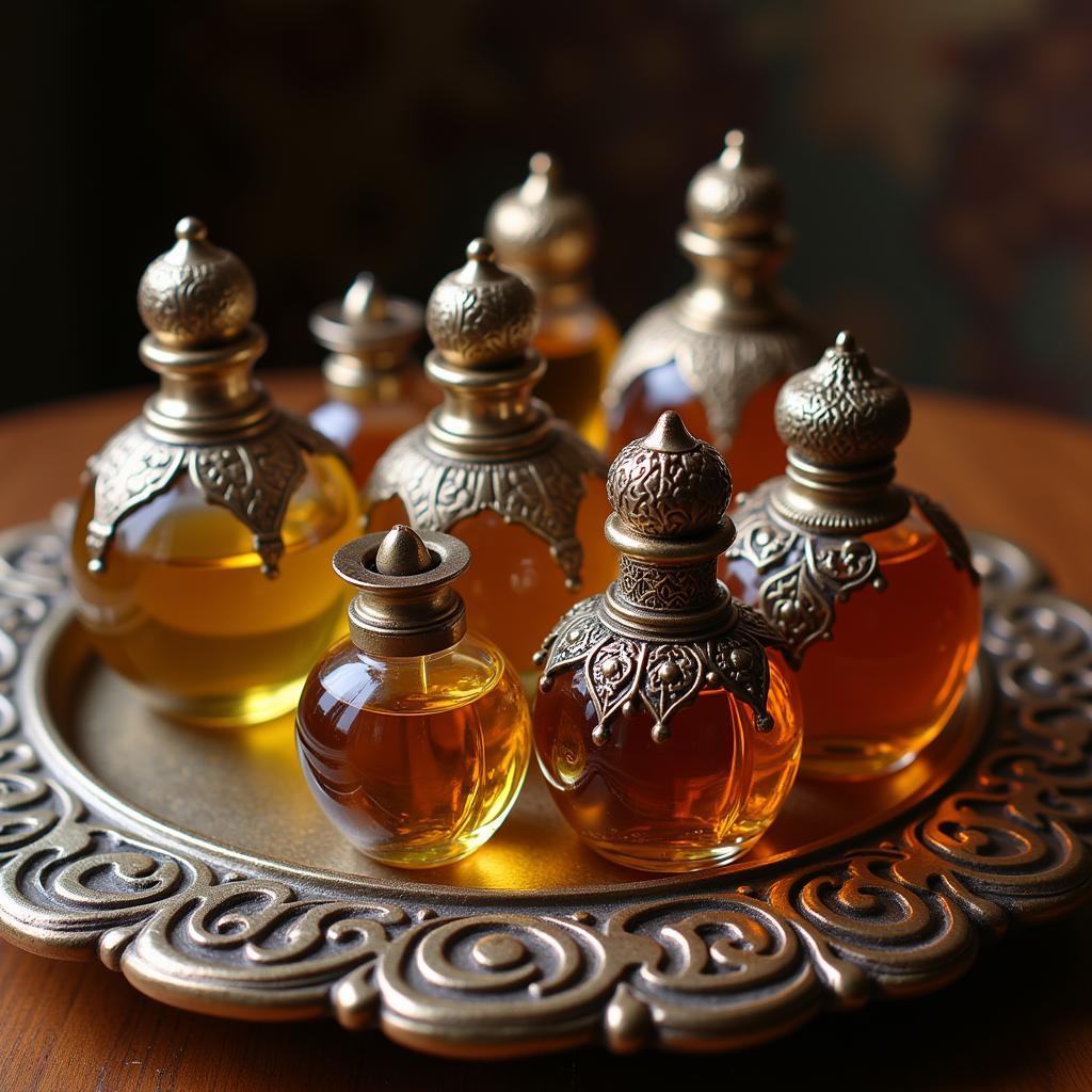 Traditional miniature attar bottles displayed on a decorative tray