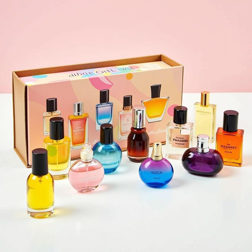 Colorful miniature perfume bottles arranged in a gift set