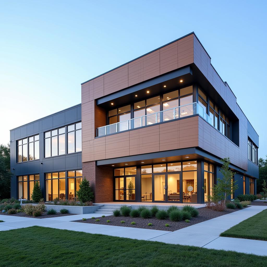 A modern office building constructed with sandwich panels