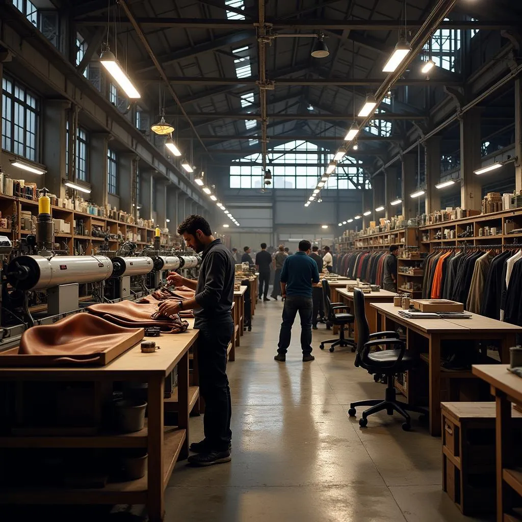 A modern leather jacket factory in Sialkot with advanced machinery and skilled workers.