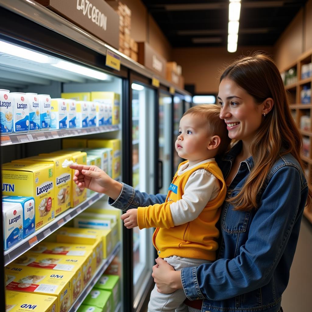 Mother buying Lactogen 3 in a supermarket