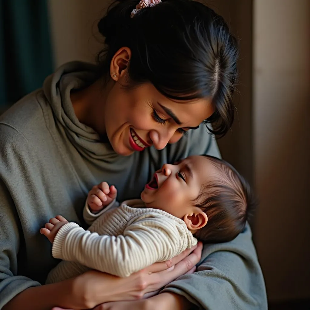 Mother comforting her sick baby in Pakistan