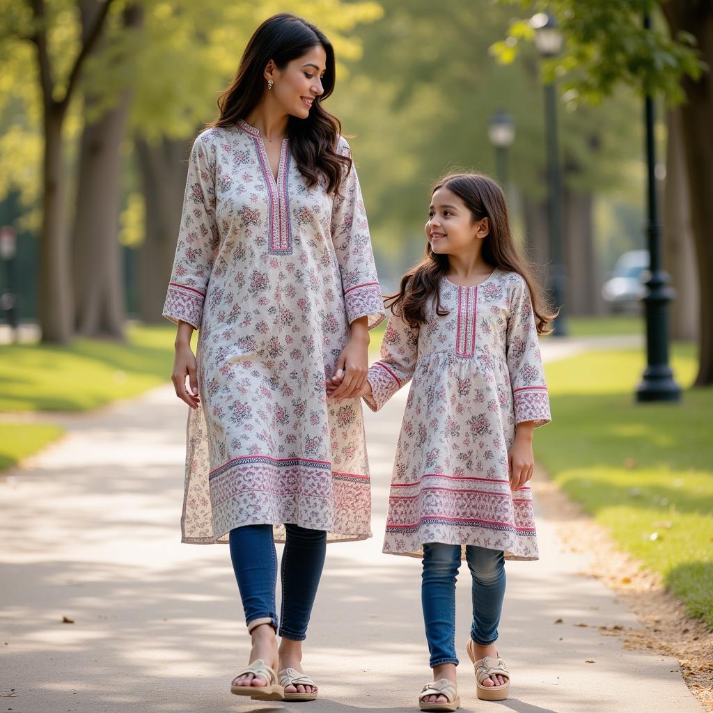 Mother and daughter twinning in casual Pakistani outfits