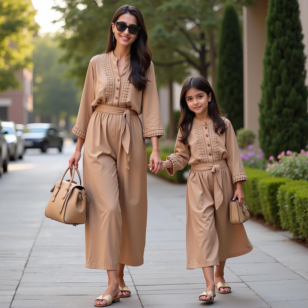 Mother and daughter in matching modern Pakistani outfits