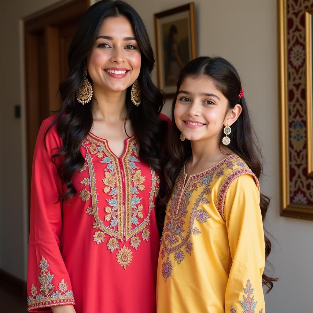 Mother and daughter wearing matching traditional Pakistani dresses