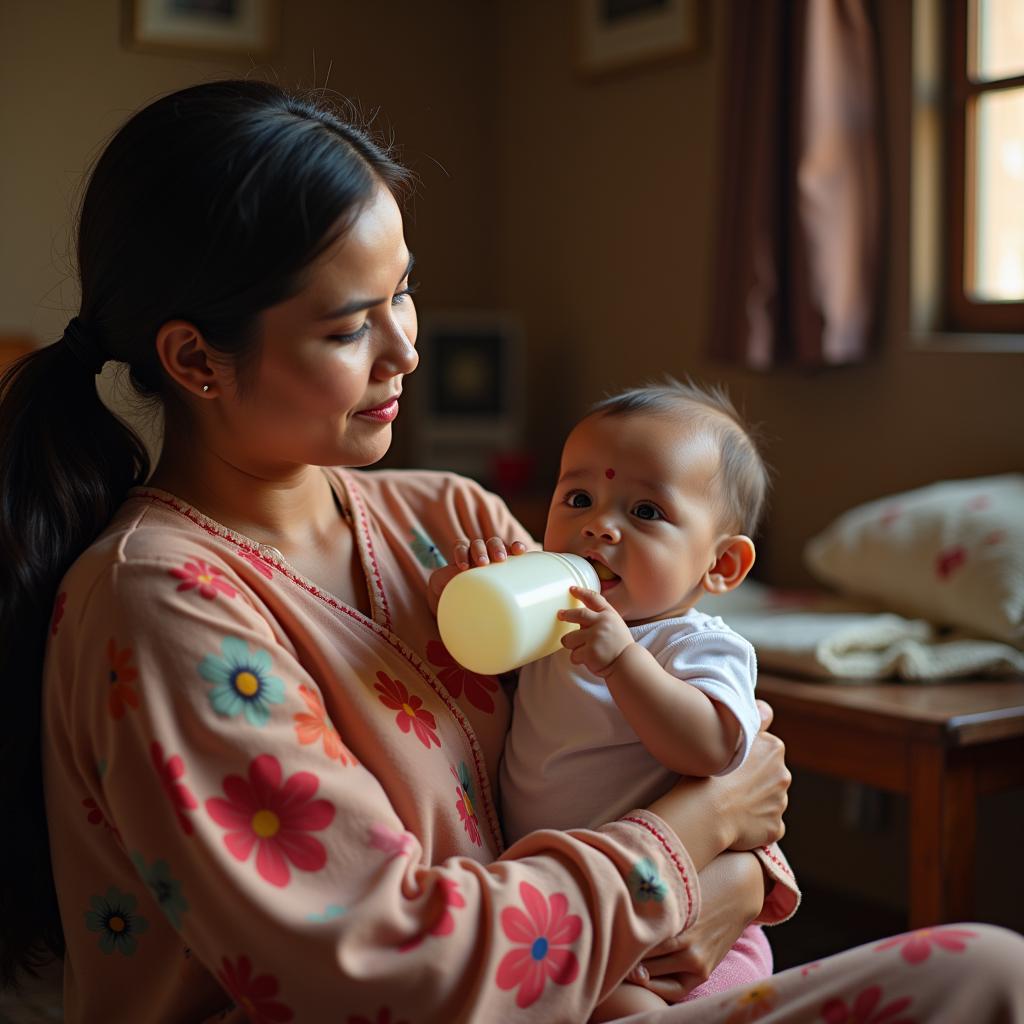 Nourishing Moments: A Mother Feeding her Baby Morinaga BF 1 in Pakistan