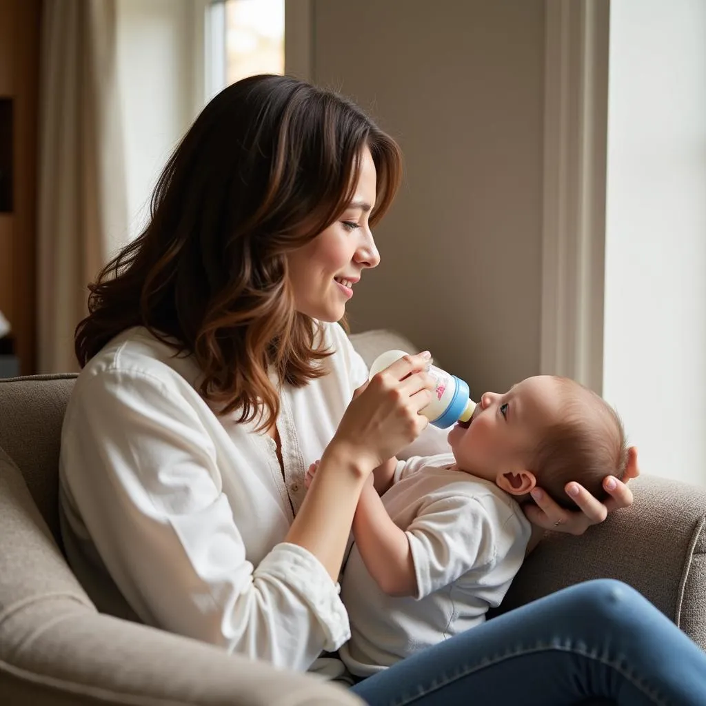 Mother lovingly feeding her baby with a bottle