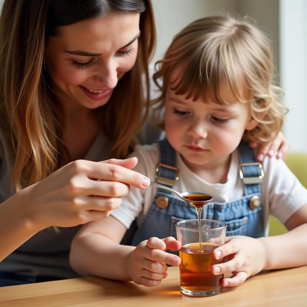 Mother giving Toni 5 syrup to child