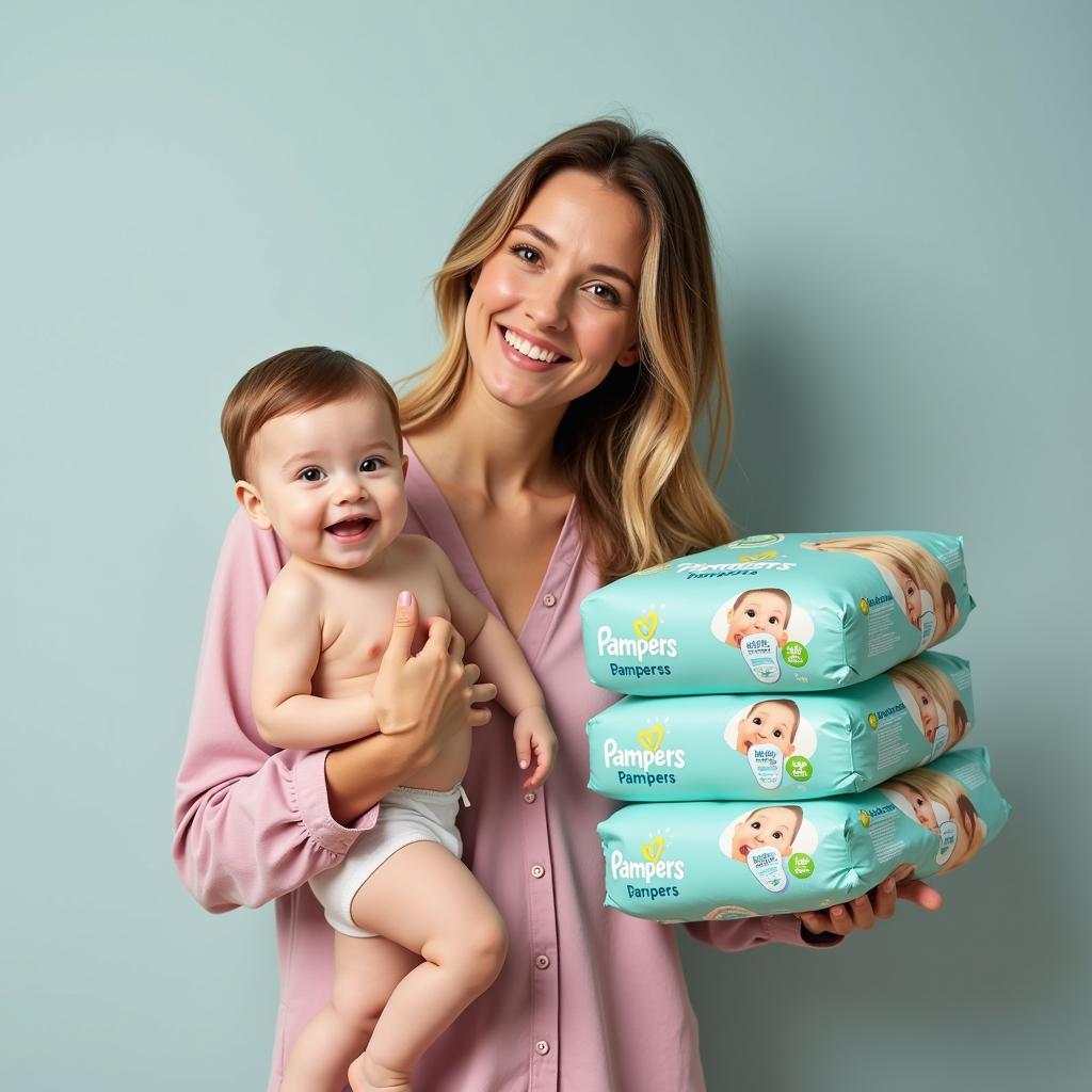 Mother Smiling While Holding Baby and Stack of Diapers