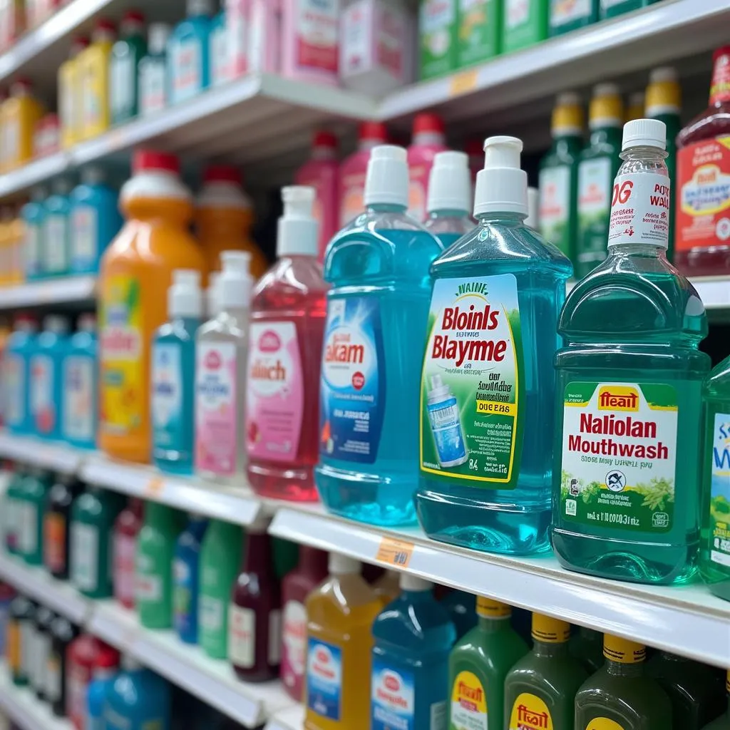 Mouthwash Bottles on a Shelf in a Pakistani Pharmacy