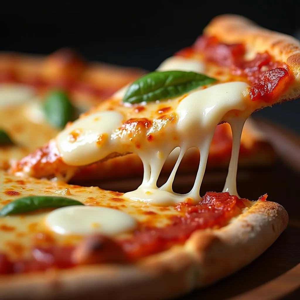 Stretchy mozzarella cheese on a pizza slice in Pakistan.