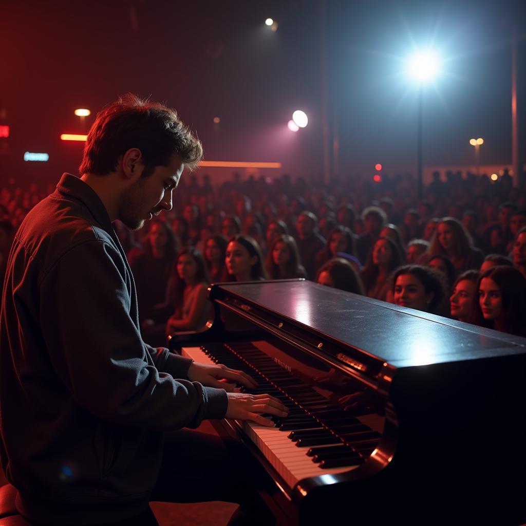 A Musician Performs on a Casio Piano in Front of a Lively Audience