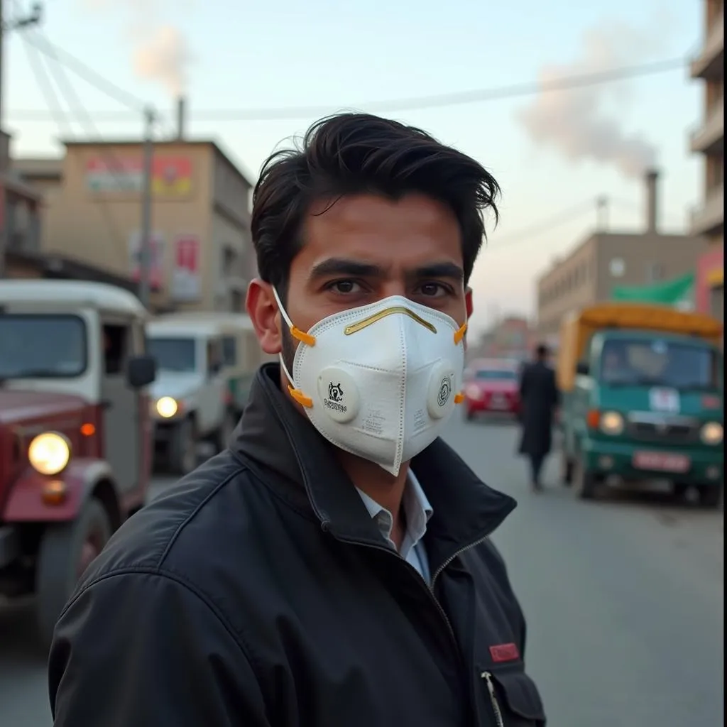 N95 Mask worn for protection from air pollution in Pakistan