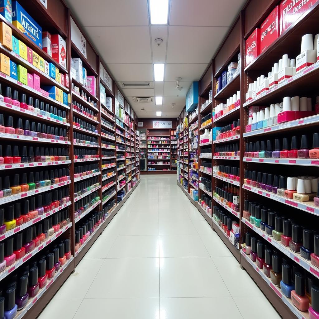 Display of nail polish brands in a Pakistani beauty supply store