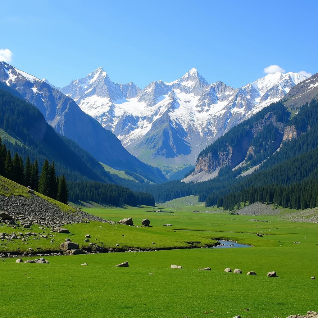 Lush green valley surrounded by snow-capped mountains in Naran Kaghan