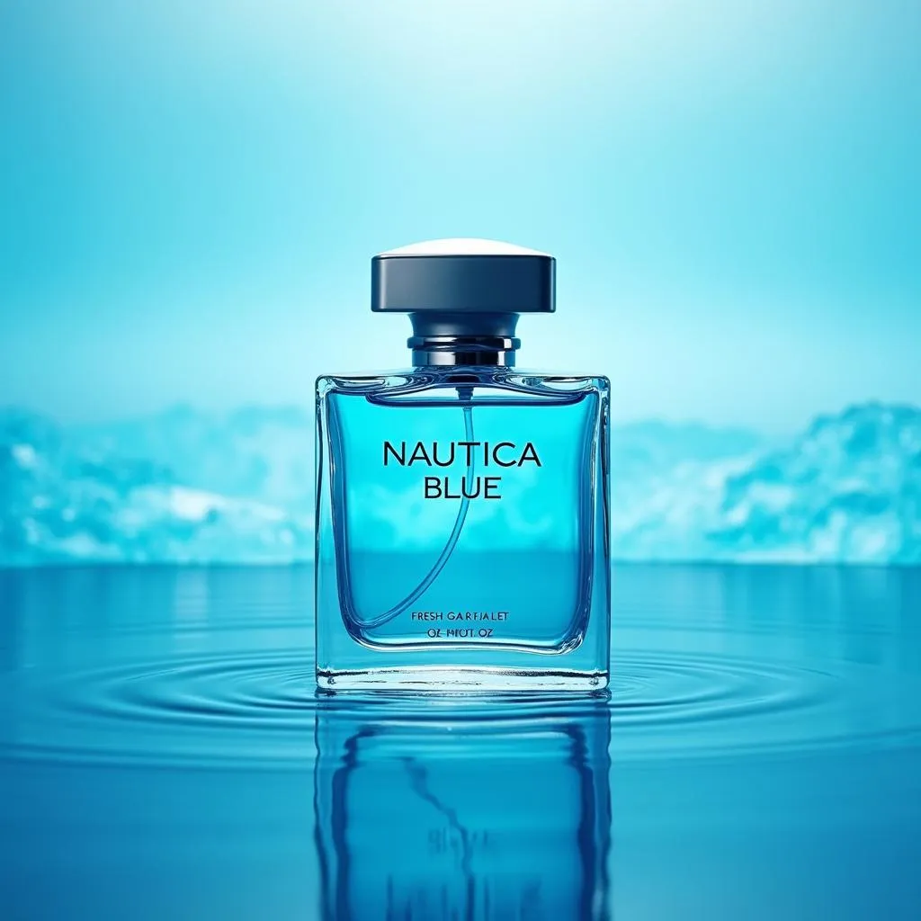 Nautica Blue perfume bottle against a blue background