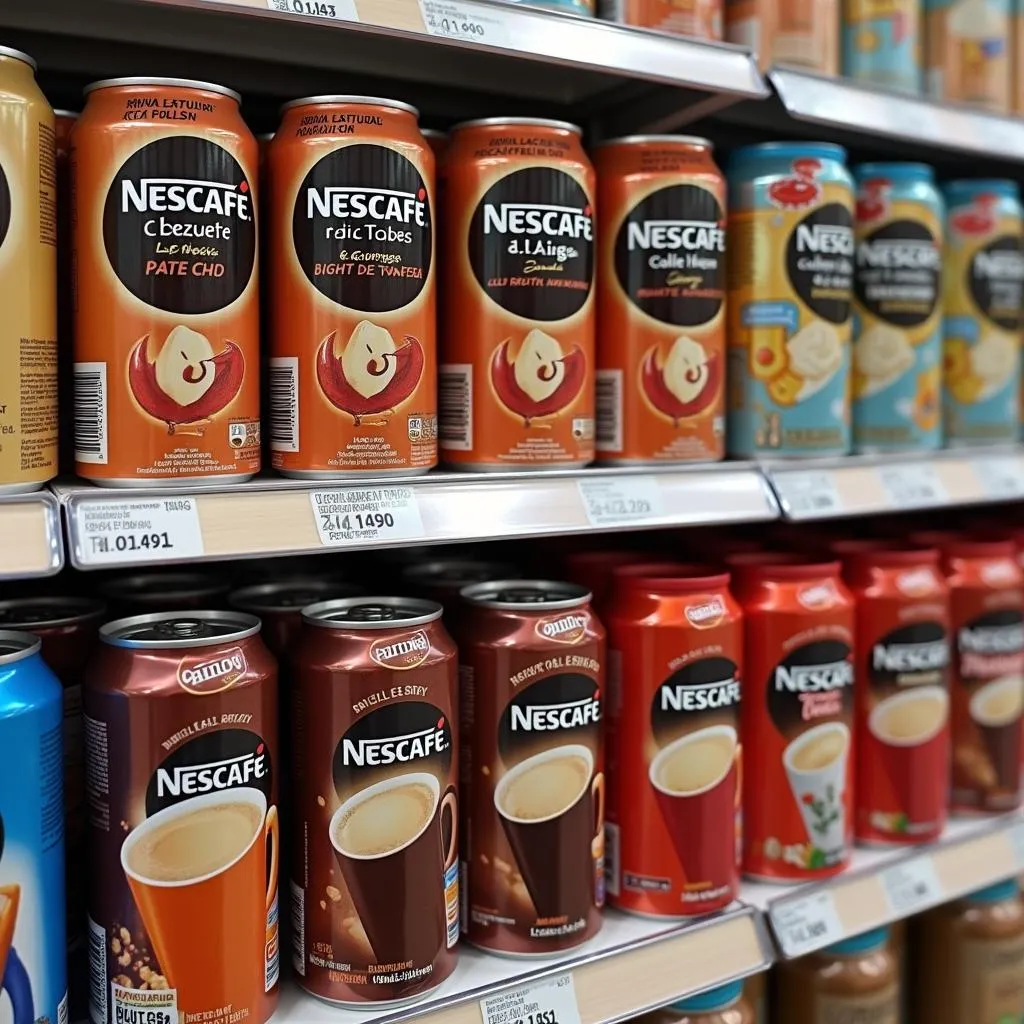 Nescafe cold coffee cans displayed on a supermarket shelf