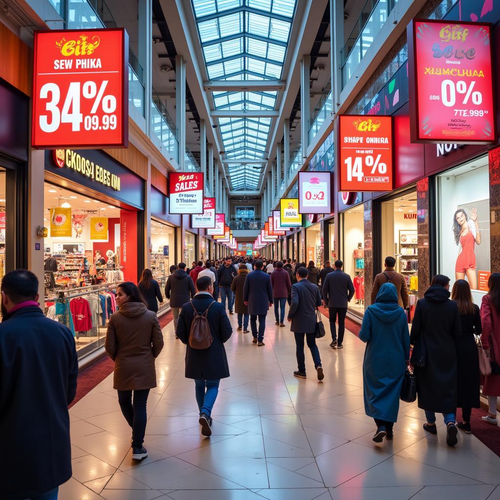 Shoppers browsing New Year Sale deals in a bustling Pakistani shopping mall