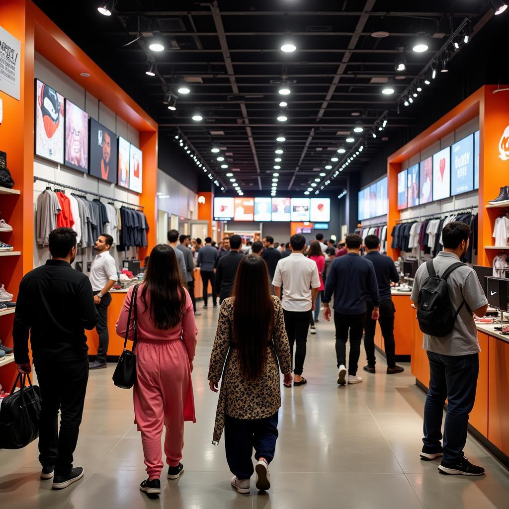 Customers browsing Nike products in a Pakistani store