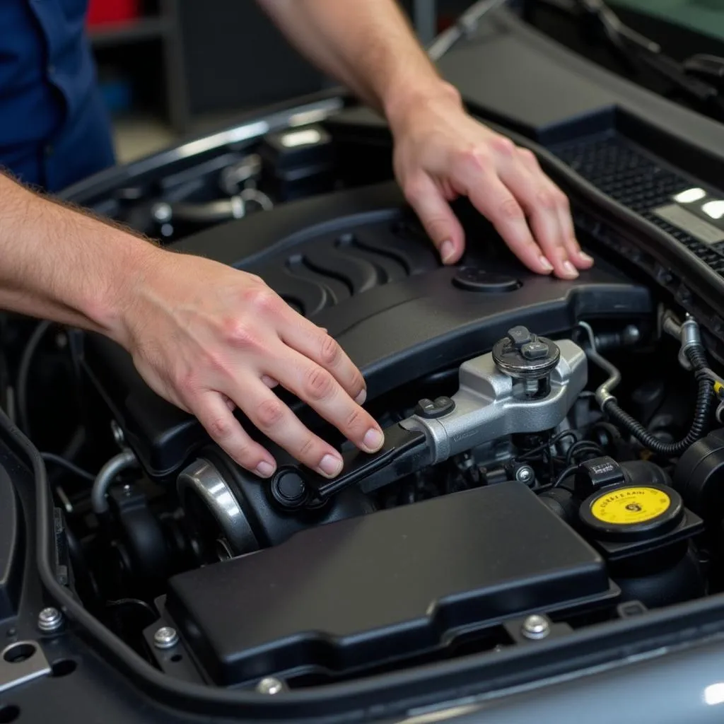 Inspecting the engine bay of a Nissan 350z