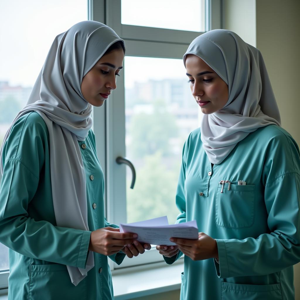 Nurse in Pakistan reviewing documents with a colleague