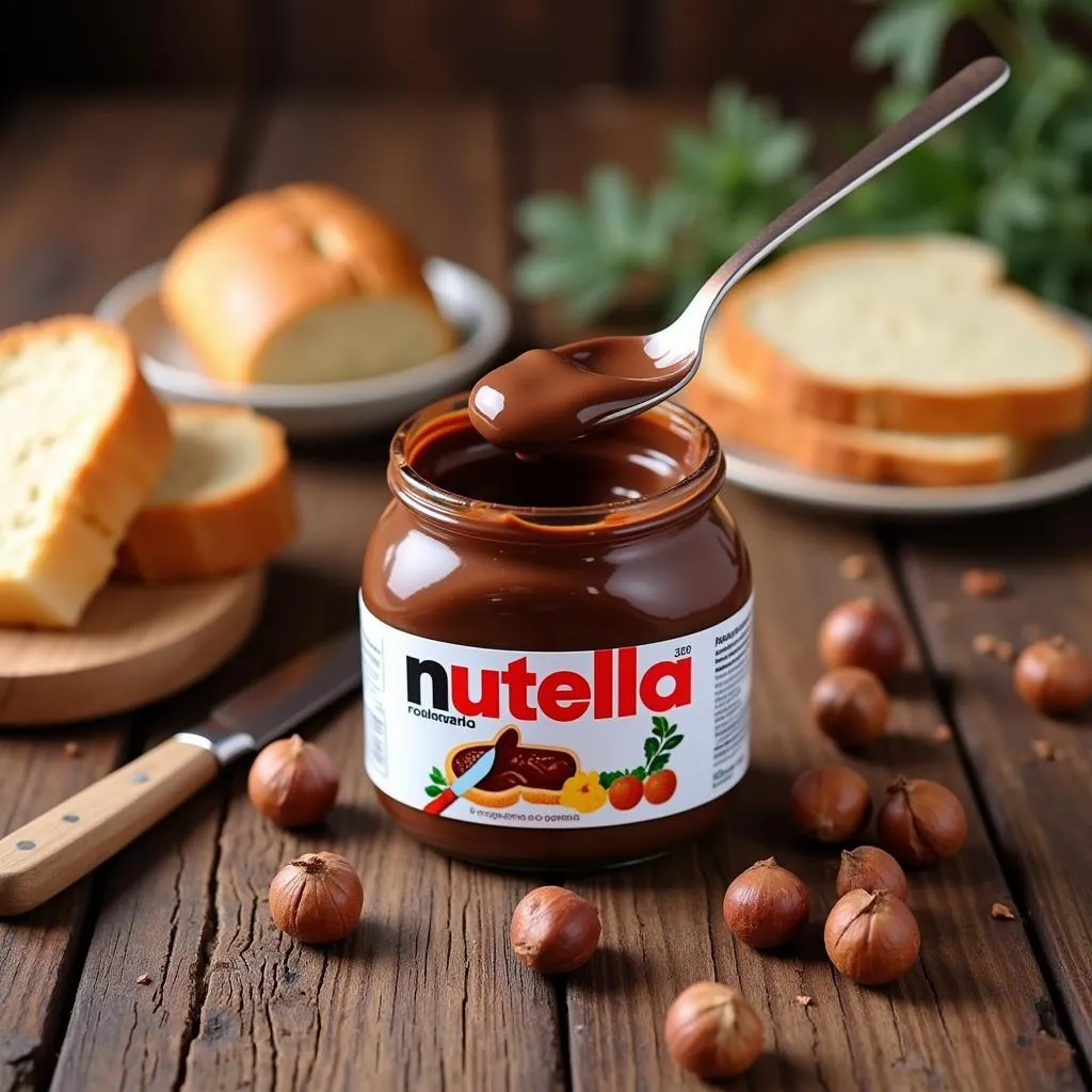 Nutella jar open with bread and hazelnuts scattered around