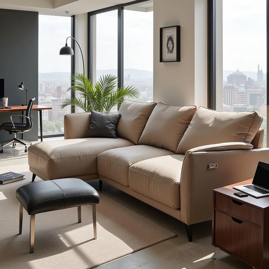 Office Sofa with Adjustable Headrests and Built-in Charging Ports