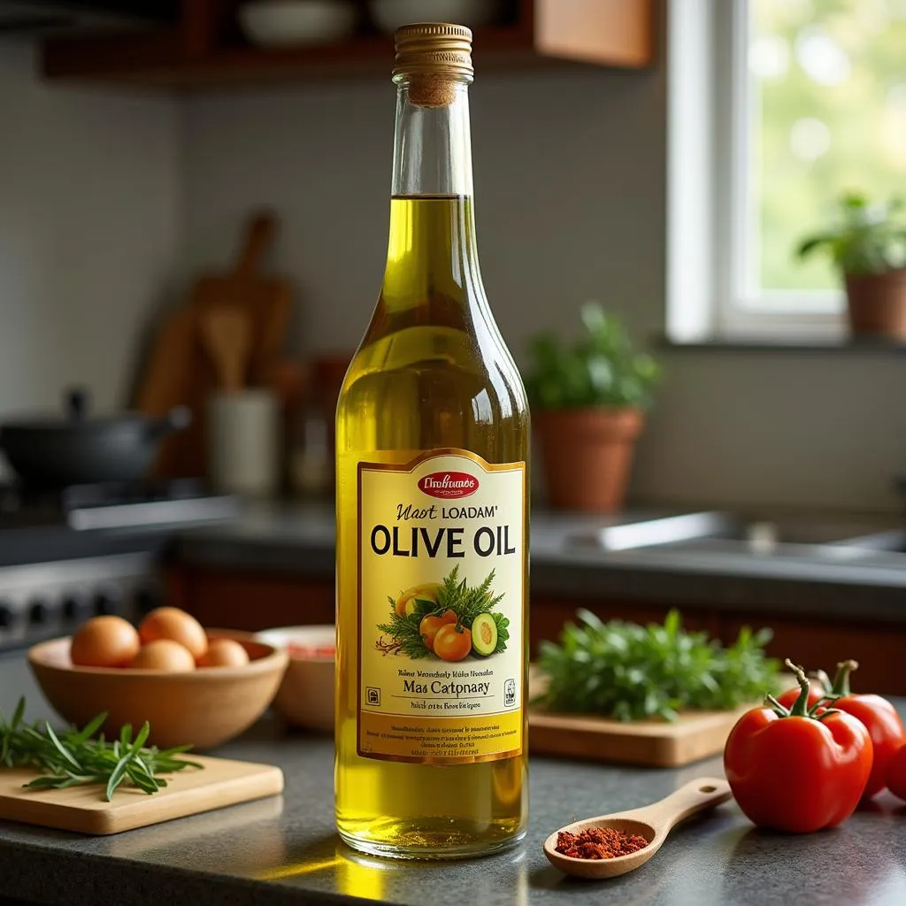 A bottle of olive oil on a Pakistani kitchen counter.