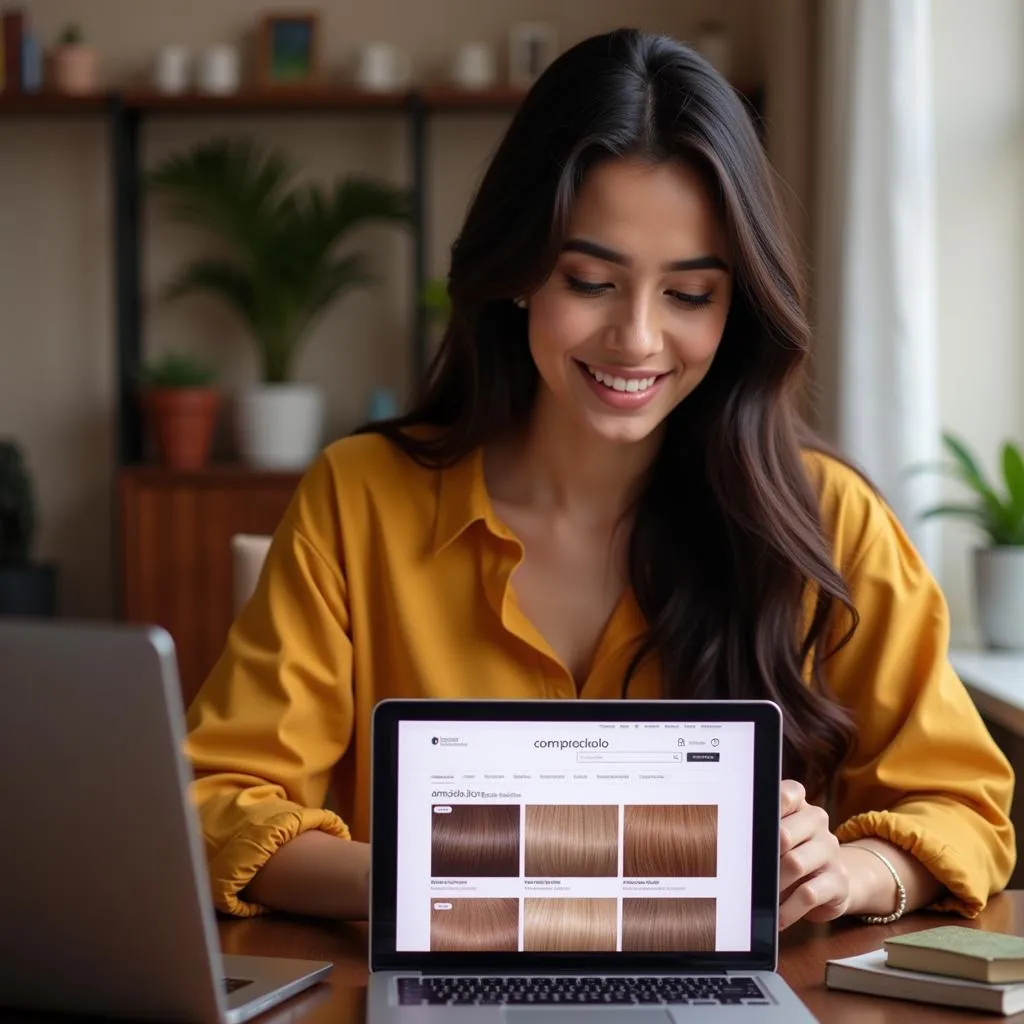 Woman browsing ammonia-free hair color options on her laptop in Pakistan