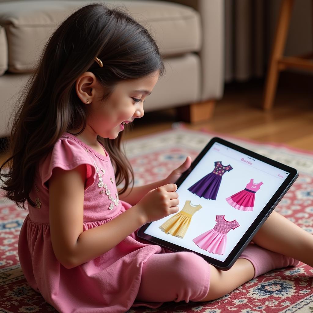 Little girl browsing barbie frocks on a tablet