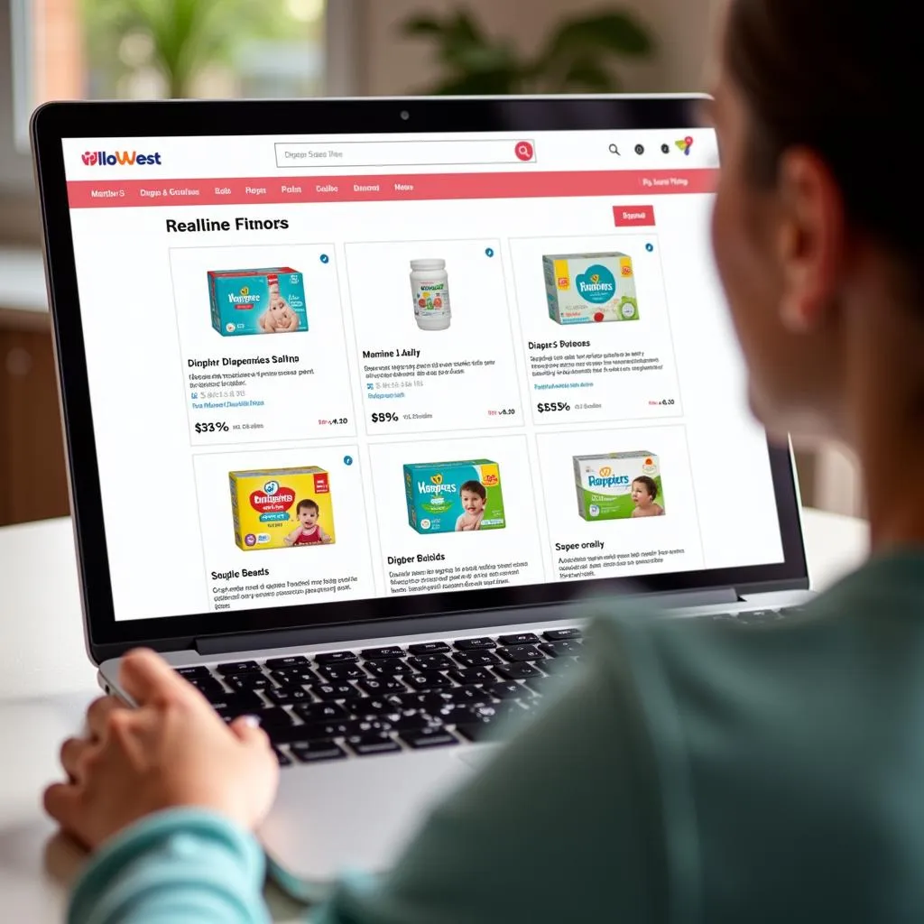 Online diaper shopping website on a laptop screen.